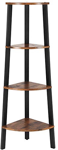 VASAGLE Libreria Angolare a 4 Ripiani, Scaffale ad Angolo, Portaoggetti, Porta Piante per Soggiorno, Stile Industriale, Struttura in Acciaio, Marrone Vintage e Nero LLS34X