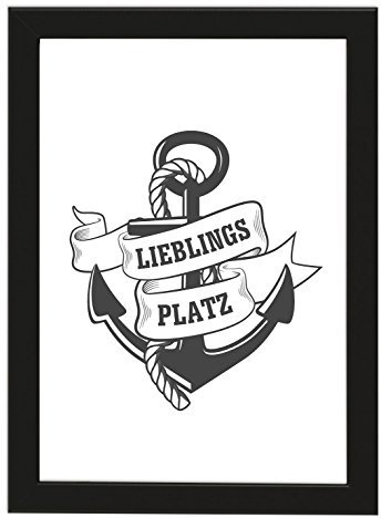 Deqosy Poster DIN A4 Lieblingsplatz, gerahmt mit schwarzem Bilderrahmen, Geschenk, Geschenkidee, Geburtstagsgeschenk, Poster mit Rahmen, Kunstdruck, Typographie (Lieblingsplatz)
