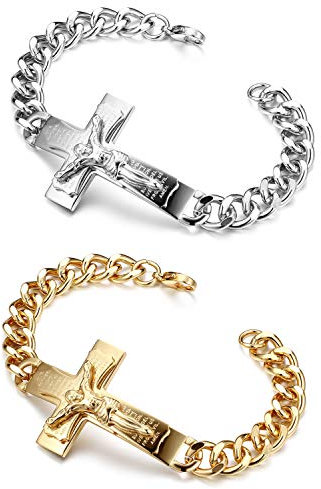 Flongo Herrenarmband Männer Kette Armkette, Edelstahl Rosenkranz Armband Armreif Armkette Panzerkette Englisch Bibel Kreuz Kruzifix Jesus Silber Gold Golden Biker Herren-Accessoires 2er Set