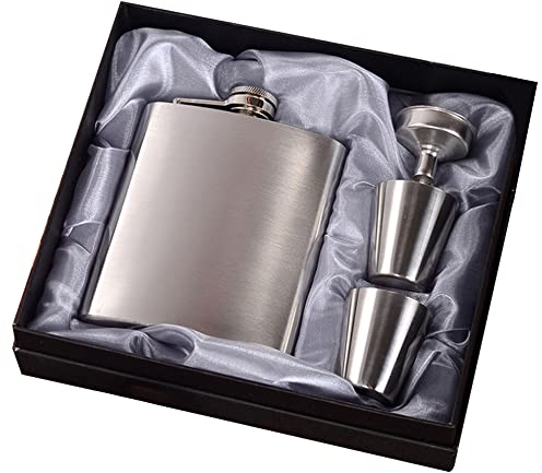 Milya 7 oz. Edelstahl Flachmann Set mit 2 Schnaps-Bechern und 1 Trichter Schnapsbehälter Taschen-Flasche Outdoor Flachmänner mit Geschenk-Box