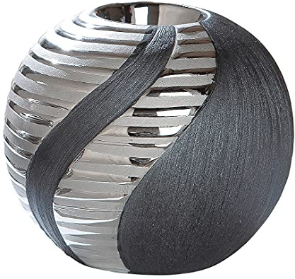 Moderner Teelichthalter Teelichtleuchte Windlicht aus Keramik Silber Anthrazit Durchmesser 11,5 cm