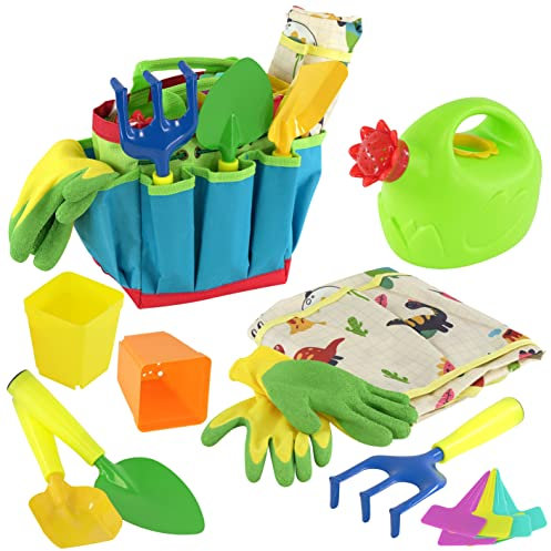 The Magic Toy Shop Kids Garden Tools Set – Complete Outdoor Play Kit with Watering Can, Shovel, Rake, Apron & Gloves – Ideal Gardening Toys for Toddlers & Forest School Equipment