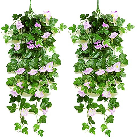 MJARTORIA 2PCS Artificial Wisteria Vine Artificial Hanging Flowers Fake Plants for Garden Fence Balcony Outdoor Inside Decoration (Light Purple flower-green, 90 cm)