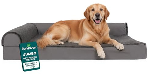 Furhaven XL Orthopedic Dog Bed Plush & Velvet L Shaped Chaise w/Removable Washable Cover - Platinum Gray, Jumbo (X-Large)