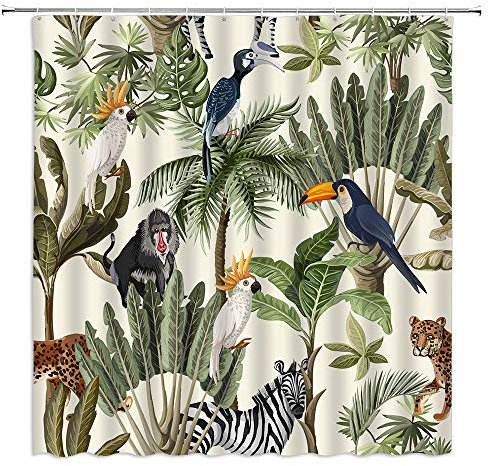 Rideau de douche motif animaux de la jungle, guépard, zèbre, toucan forêt tropicale, décoration sur le thème de la faune exotique, ensemble de salle de bain en tissu avec crochets inclus, 178 x 178