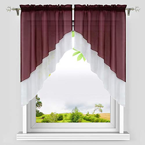 HeichkelL Voile Scheibengardine Bogen Set 2-Teilige Kleinfenster Vorhang Tunnelzug Kurzstores Doppelschichtige Küchengardinen Weinrot BxH 120x125 cm (Jedes Stück)