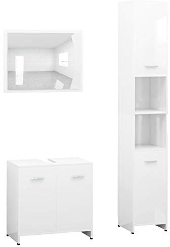 Tidyard Conjunto de Muebles de Baño 3 Piezas con 1 Espejo 1 Armario Alto y 1 Mueble bajo Lavabo Aglomerado Blanco Brillante