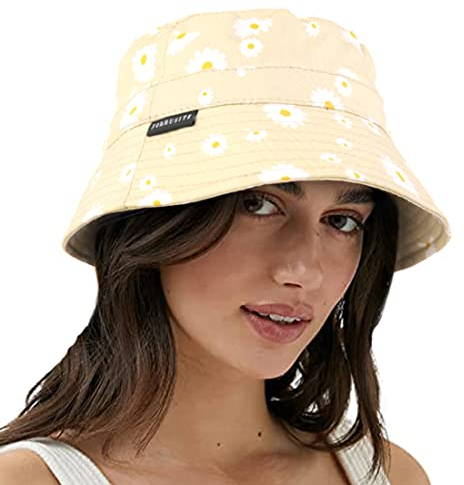 VECRY Damen Herren Denim Gewaschene Baumwolle Trendy Bucket Hat Damen Sommer Strand Sonnenhüte (M,Blumen-Beige)