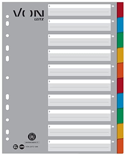 VON Leitz 10er Pack 10-teiliges Register A4 Überbreit, 100 % Recycling-Karton, Blanko-Registerkarten, 11-Loch-Universalregister für Hefter & Ringbücher, 12990000