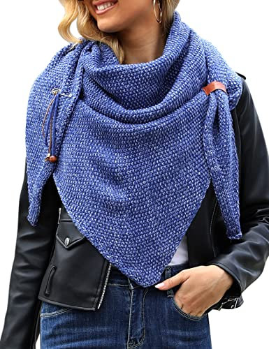 Xnova Dreiecksschal Damen Strickschal Wärmende, Dreieckstuch Schal Musselin mit Stift, Soft Knitwear Schal Halstuch Herbst Winter Trachtenmode Geschenk für Frauen 190 * 85 cm (Blau)