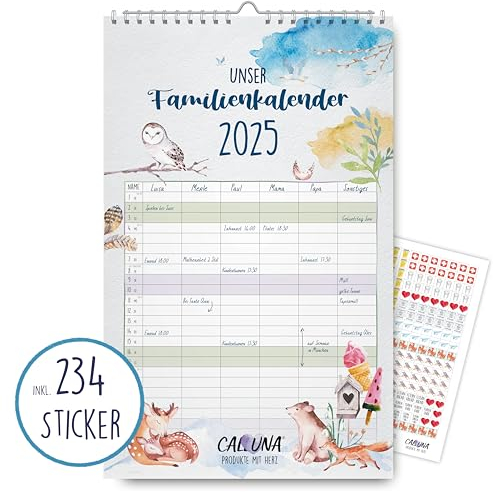CALLUNA® – Familienkalender 2025 – 12 bunt gestaltete Monate – 6 Spalten für die ganze Familie – inkl. Feiertagen & Ferien für Deutschland & Österreich – inkl. 234 Sticker für u. a. Müll-Termine