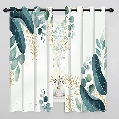 Gardinen Eukalyptus, Uiiooazy Vorhang Grün Gold Blätter Pflanzen Schlafzimmer Vorhäng Blickdicht Schattierungsvorhänge Gardine Lichtundurchlässig Fenstervorhang für Wohnzimmer Balkon Fenster 140x245cm