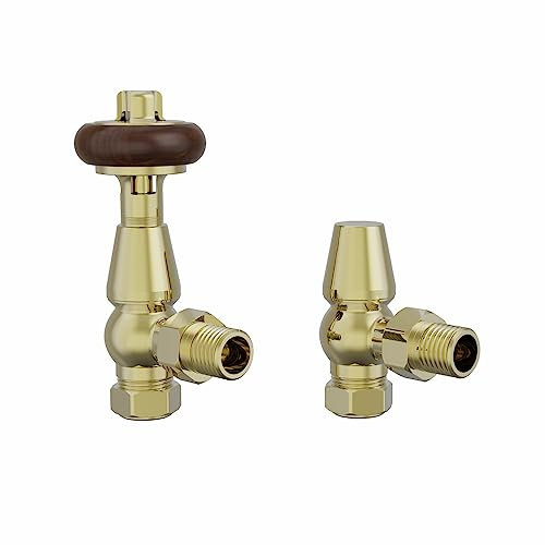 NRG Traditional Antique Angled Central Heating Radiator Valve 15mm Thermostatic + Lockshield Valve Polished Brass with Red Hand Wheel