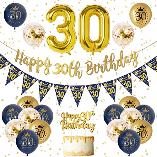 30 Geburtstag Dekoration Männer Blau Gold 30. Geburtstag Girlande Banner, Geburtstagsdeko für Männer 30, Navy Blau Gold Geburtstag Luftballons 30, Konfetti Luftballons für Männer 30. Geburtstag