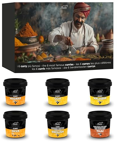 Set 6 Currys del Mundo Bembo – Mezcla de Especias Curry Gourmet – Madras, Goa, Malabar, Java, Inglés, Thai Rojo – Regalo Cocina