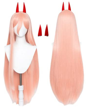 Anime Chainsaw Man Cosplay Wig, Power Wig, with 2 Hair Accessories Women Pink Long Straight Hair Wigs, with Wig Cap, for Halloween Carnival Costume Party Accesorios