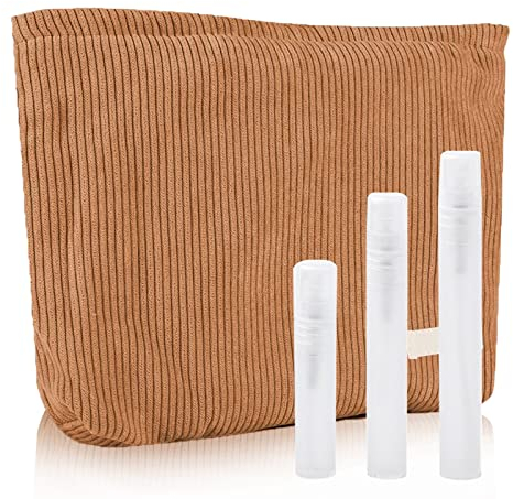 BSITSSS Trousse de Toilette Voyage, Trousse Maquillage Velours Côtelé avec 3 Flacon Voyage, Multifonctionnel Trousses de Toilette Pochette Maquillage pour Voyage Gym Business et Vacance(Marron)