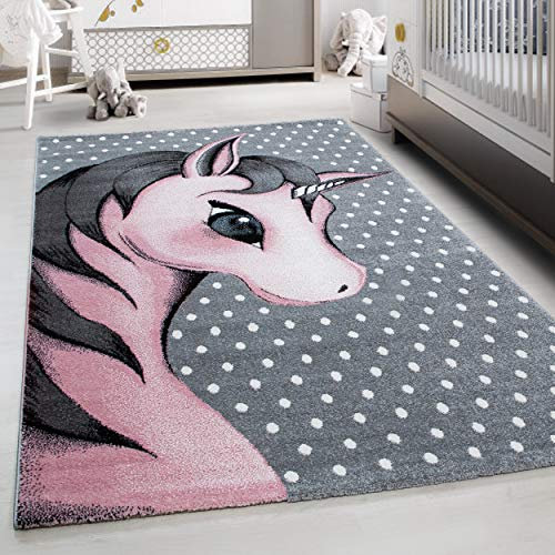 Teppium Kinderteppich für Jungen und Mädchen Einhorn Muster 140 x 200 cm Pink - Kurzflor Waschbarer Teppich Extra Weich und Antiallergen - Teppich für Kinderzimmer, Babyzimmer und Spielzimmer