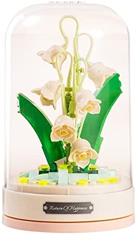 MEIEST Bausteine Blumenstrauß-Set mit Spieluhr und staubdichter Kuppel, Simulation künstliche Partikelblumensammlung Bausteine Spielzeug, Heimdekoration,14+ (Maiglöckchen)