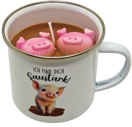 Tassenkerze Kerze in Emaille Tasse mit Schweinchen und Spruch Ich find dich saustark aus 100% natürlichem Sojawachs