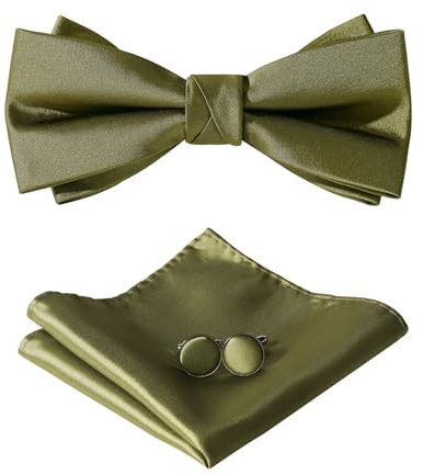 HOULIFE Fliege Herren Set - Verstellbare Fliege aus Satin Polyester Vorgebunden Fliege, einfarbige Einstecktuch, Manschettenknöpfe Set für Bräutigam Hochzeit formal mit Geschenkbox, Olivgrün