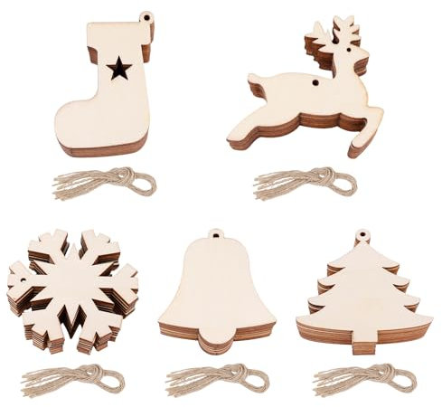 50pcs Wooden Christmas Ornaments, Unfinished Wood Christmas Ornaments DIY Christmas Tree Ornaments Paintable Christmas Ornaments Blank Wooden Ornaments for Crafts