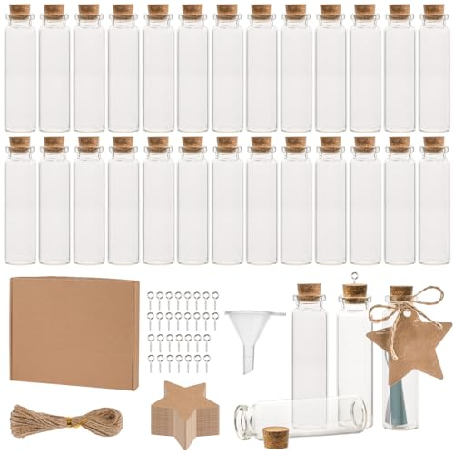 Svalor Lot de 30 mini bouteilles en verre avec bouchon, 20 ml, avec cartes, corde, bocaux pour bricolage, épices