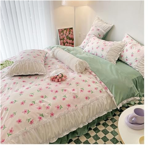 4 stücke Spitze Rüschen Gedruckt Blume Baumwolle Mit Reißverschluss Bettbezug Tröster Decke Fall Bettwäsche Königin König Größe Compatible with Hause Textilien,Bettwäsche Warm