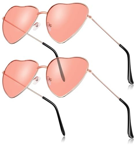 BBTO 2 Herz Sonnenbrillen Hippie Stil Mit Metallrahmen der 70er für Damen Mann(Rosa)