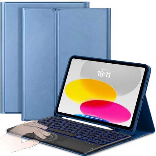 CACOE Hülle mit Tastatur für iPad 11 (A16) / 10 Generation (11Zoll / 10.9 Zoll) 2025/2022 mit Touchpad, 7-Farbige Beleuchtung Abnehmbare Kabellose Tastatur, Elektrisches Blau