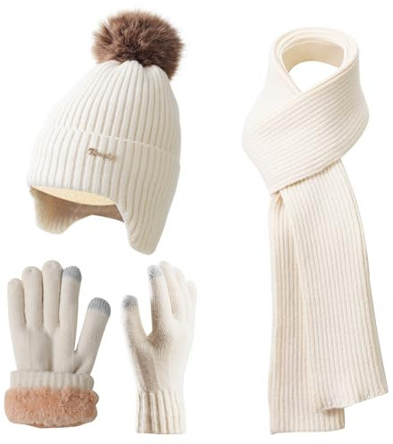 Winter Beanie Mütze Schal Handschuhe Set für Frauen Klassische Beanie mit abnehmbarem Pom Pom Lange Schal Touchscreen Handschuhe 3 in 1 Set, Beigefarbene Ohrenschützer, Einheitsgröße