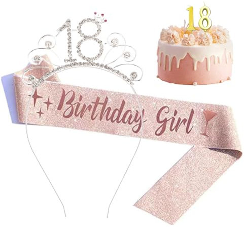 Geburtstag mädchen Deko Schärpe und Tiara Rose Gold 18 Geburtstag Krone für Birthday Girl Party Dekorationen, 18 Jahre alte Kerze