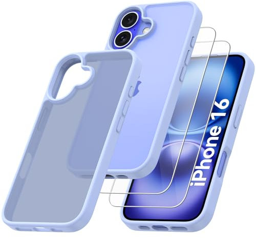 Qasyfanc Matt Cover Case Compatible with iPhone 16 6.1 with 2 Pack Tempered Glass Screen Protector, Non-Yellowing Shockproof Phone Bumper Cover Hard PC Anti-Scratch Case Light Blue