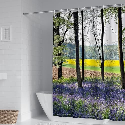 Calefee Rideau de Douche 200 cm Hauteur, Rideaux de Douche en Polyester Motif Lavande Et Arbres, Rideau de Douche Imperméable avec Oeillets