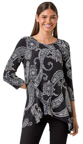 Roman Originals Hanky Hem Tunic Top for Women UK - Ladies Longline Blouse Asymmetric Hemline Casual Slouch Loose 3/4 Sleeves Round Neck Relaxed Comfortable Holiday