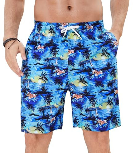 Enlision Shorts de Bain Homme Séchage Rapide Hawaïen Short de Plage Bermuda Été Léger Décontracté Bleu Palmier Fleuri Imprimé Maillot Piscine Surf Natation Vacances avec Doublure en Filet L