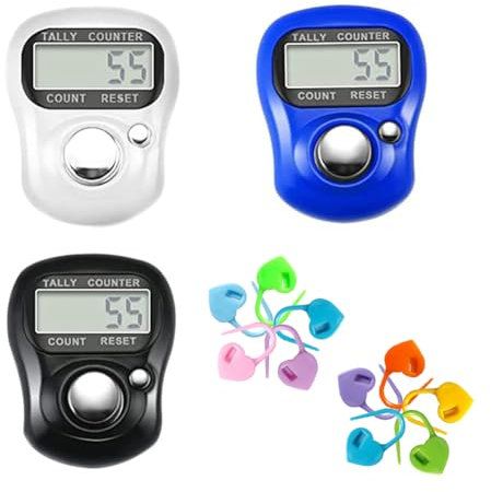 Elektronische Fingerzähler, 3 Stück Mini Handzählzähler,Reihenzähler mit LED Rücksetzbare Digitale Fingerzähler,Finger Rundenzähler mit Handring und 10 Maschenmarkierer für Golf Runde Zählen Stricken