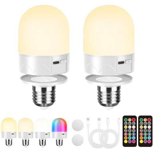 USB Rechargeable Light Bulb With Remote Control, E27 Battery Powered Light Bulb For Lamp, RGB Colour Changing Bulb, 12 Color Temperature Dimmable, 3 Timers, Cordless Magnetic Night Light, 800LM,2 PACK