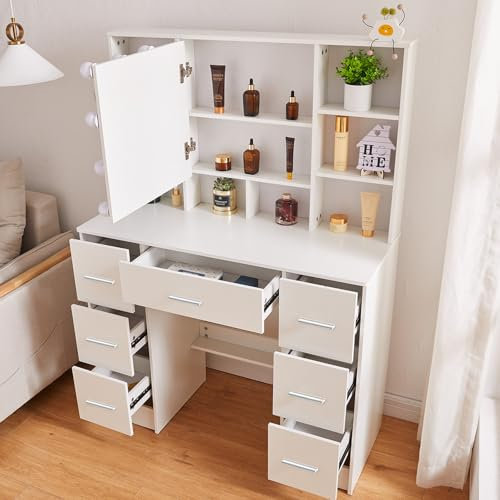 Buildonely Large Dressing Table with Mirror and Stool, 100 x 40 x 140 cm Vanity Desk with Lights, Adjustable Brightness, 3 Color Temperatures, White, SD3152U1203