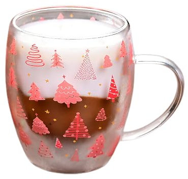 Liuyoyo Christmas Coffee Mugs, Double Wall Glass Coffee Mugs, Xmas Tree Insulated Glasses Clear Cups with Handle, Cute Mugs Christmas Gifts for Home Holiday Supplies