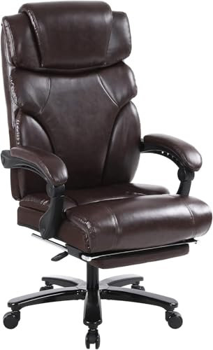 KCREAM Chefsessel 210 kg Belastbarkeit,Ergonomischer Bürostuhl mit Fußstütze, PU Leder Schreibtischstuhl Office Chair mit Verstellbarer Rücklehner, Schwarz Stuhl