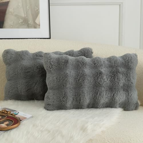 Mandioo 2er Set Luxus Dekorativ dicken Woll Kissenbezug Super Soft Wave Blase Plüschwolle werfen Kissenbezüge Zierkissenbezüge Sofakissen Schlafzimmer Kissenhülle für Sofa 40x60cm Grau