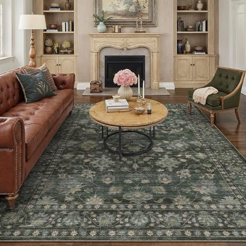 PureCozy Teppich Wohnzimmer 200x300cm Waschbarer Teppiche,Grün | Blumenmuster,Waschbar, Rutschfest, Kurzflor, Weich, Schlafzimmer, Esszimmer, Büro, Flur, Kinderzimmer