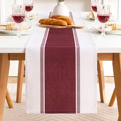 Tischläufer mit Breitem Rot Mittelstreifen, Tischband Modern Deko 40x90, Tisch Läufer Tischdeko Abwaschbar, Rechteckigen Tischdecke aus Baumwolle und Leinen für Esstisch Couchtisch Beistelltisch