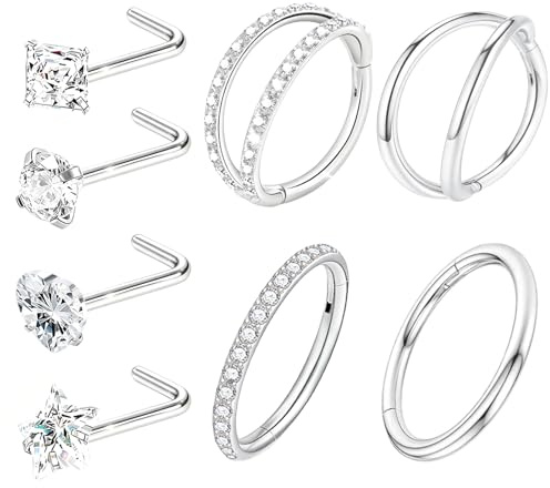 nuneoeuo 8Pcs Double Nose Ring Set - Silver Helix/Tragus Nose Hoop Studs