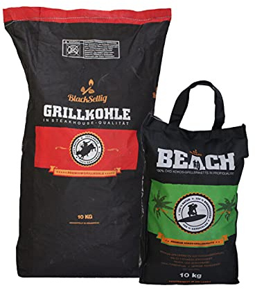 BlackSellig 10 Kg Beach Kokos Grill Briketts + 10 Kg Steakhouse Kohle + 50 Stück natürliche Anzünder perfekte Profiqualität