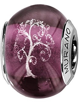 Thabora charms coulissant argent rhodié (Argent 925‰ + protection Rhodium) Murano violet symbole Arbre de Vie + suédine (offerte) + Certificat d'Authenticité Argent 925‰