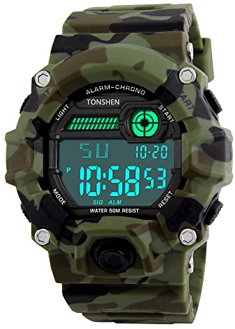 Digital Deportivos Relojes de Hombre Camuflaje Plástico Bisel Cuero Correa Outdoor Militares Táctica 50M Resistente Agua LED Número Display Diseño Simple Multifuncional Electrónica Relojes de Pulsera