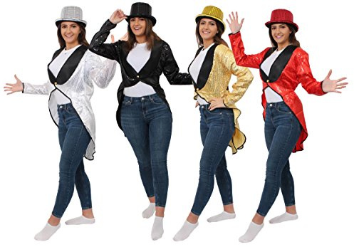 LADIES RED SEQUIN TAILCOAT + RED SEQUIN TOP HAT FANCY DRESS ACCESSORY SET DANCE SHOWS MUSICALS OUTFIT CABARET UNISEX TAIL COAT (UK 8-10)
