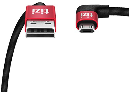 tizi Querdenker/in – Micro-USB (2m, rot/schwarz), Daten- und Ladekabel mit gewinkeltem Stecker. Doppelseitige, Reversible Alu-Stecker, beidseitig steckbar. Mit Stoff ummantelt.